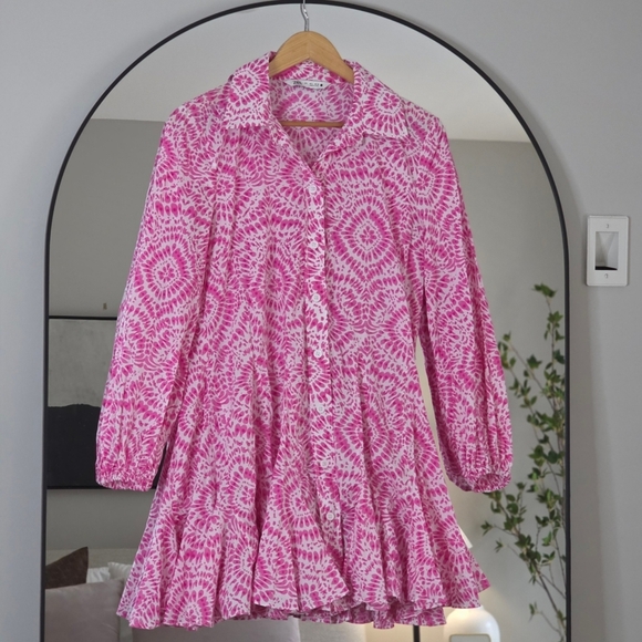 Zara Pink Tie-Dye Floral Mini Shirt Dress -  Skater Skirt, Size Large - Picture 4 of 9